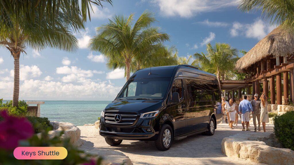 Vacationers stepping out of a luxury black Mercedes Sprinter van in the Florida Keys, enjoying Keys Shuttle’s premium door‑to‑door transportation service.