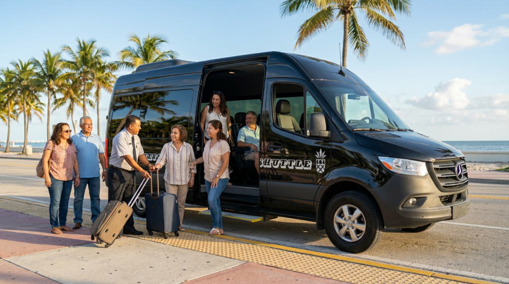 Diverse group of travelers being assisted into a modern sprinter van by a professional chauffeur outside, preparing for a comfortable shared ride.