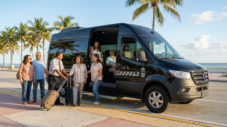Diverse group of travelers being assisted into a modern sprinter van by a professional chauffeur outside, preparing for a comfortable shared ride.