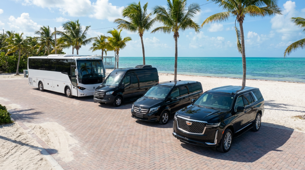Keys Shuttle's complete fleet of luxury sprinter vans, SUV's and busses parked seaside in the Florida Keys, ready for door-to-door transfers and private charters.